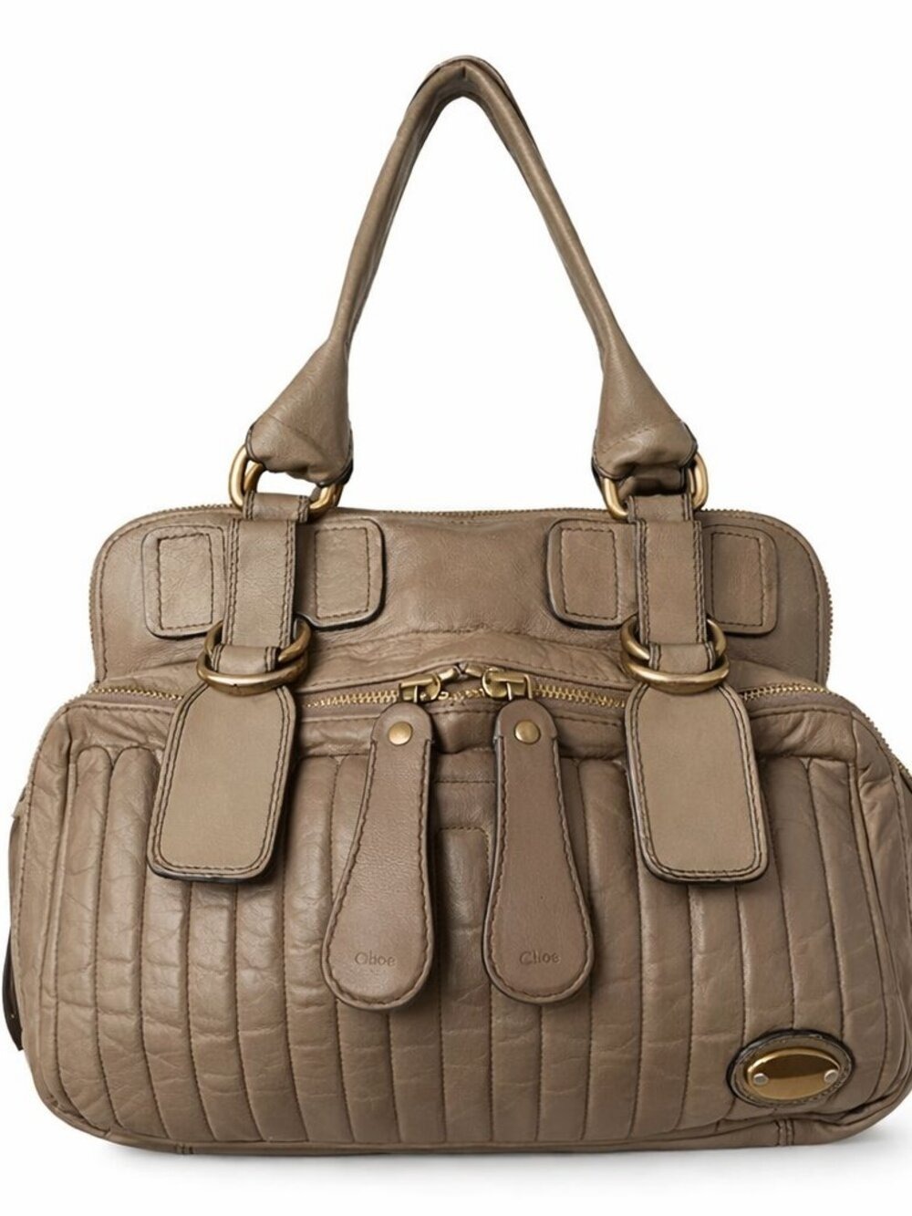 Authentic Chloé Quilted Bay Satchel Top Handle Bag Taupe/COA